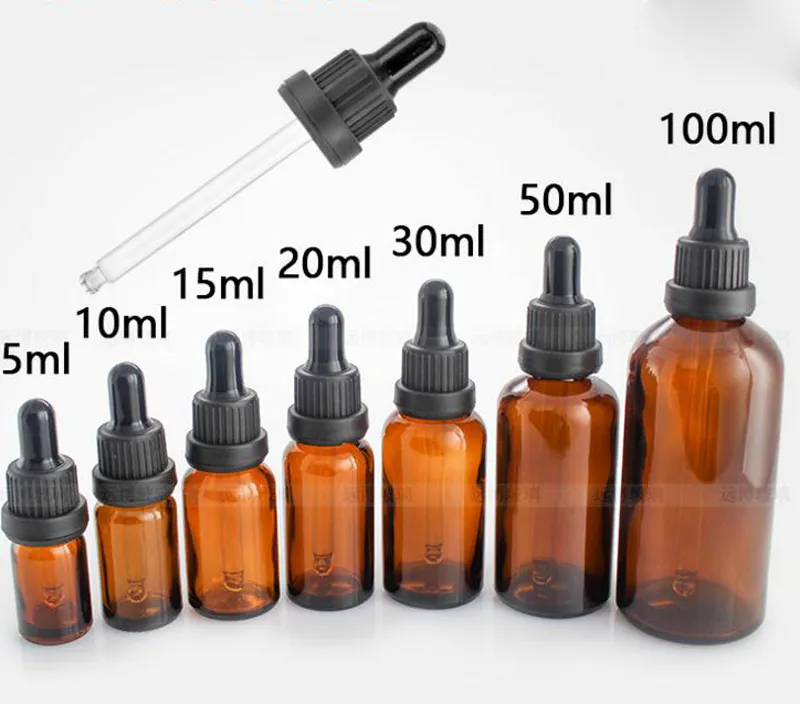 Groothandel 5 ml 10 ml 15 ml 20 ml 30 ml 50 ml 100 ml Amber Glass Druppelaar Flessen Glass E Vloeibare flessen Oogdruppeldles met zwarte deksels