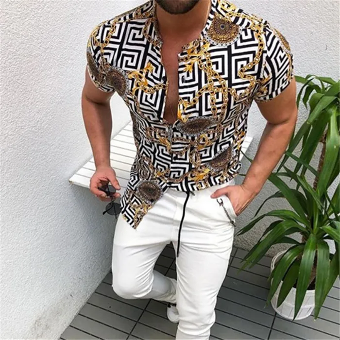 Herenoverhemd Modieus bedrukt overhemd Vest Gouden kettingpatroon Trend Korte mouw Knoopoverhemd Tops Slim Fit Overhemden Mode Vrijetijdskleding