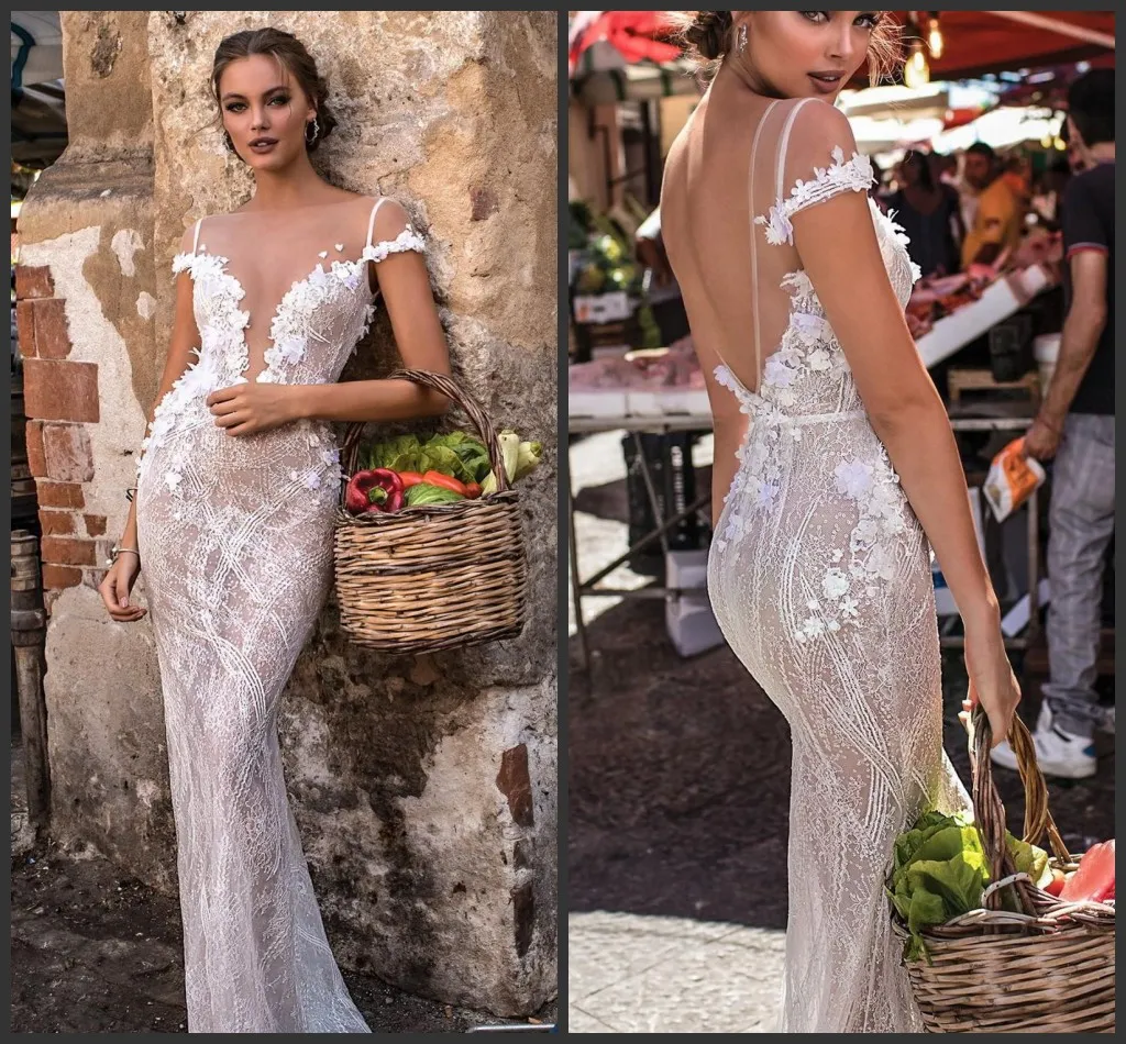 2019 New Berta Lace Wedding Dresses Backless Sheer Bateau Neck Illusion Bodice Bridal Gowns Floor Length Sexy beach Mermaid Wedding Dress