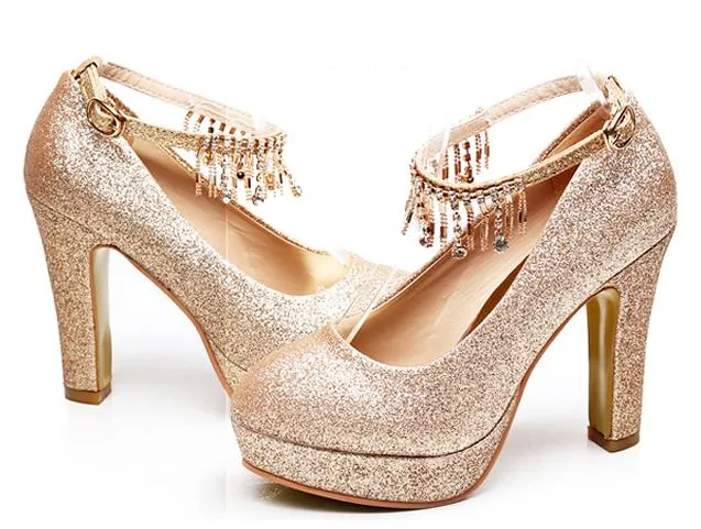 Big Small Size 33 To Size 40 41 42 43 Glitter oro strass piattaforma tacco spesso pompe piattaforma scarpe da sposa scarpe da ballo