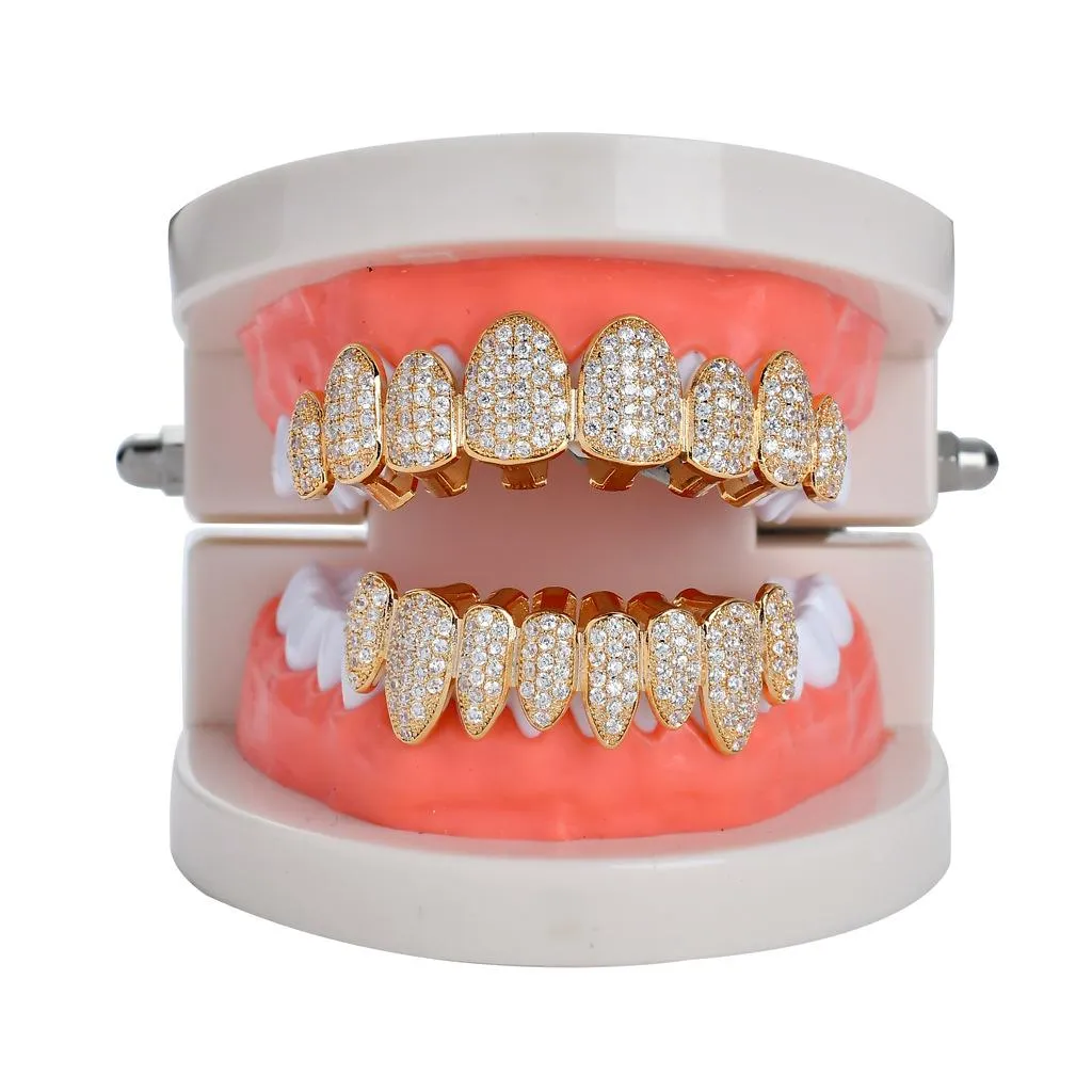 Nieuwe hiphop tanden tand grillz koper zirkoon kristallen tanden grillz tandheelkundige grills halloween sieraden gift groothandel voor rap rapper mannen