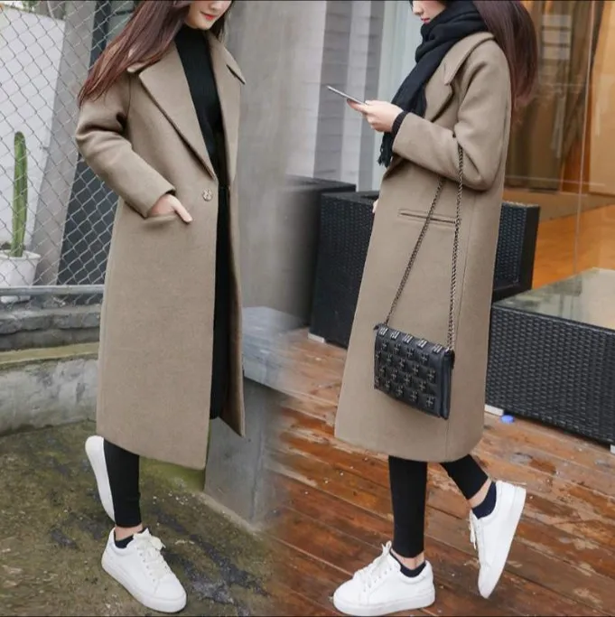 Solid Long Slim Sutumn Trench s Coat Outwear Turn-Down Wool Woolen Blends Female Women Collar en Pocket Spring Jacket Coats