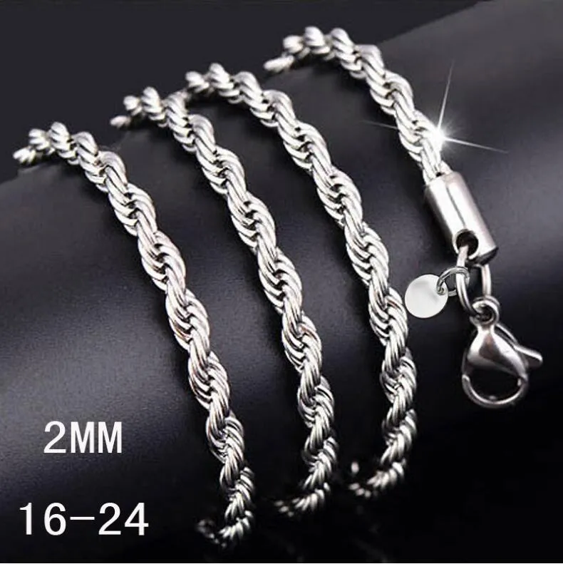 925 Sterling Verzilverd 2mm Flash Twisted Touw Ketting Dames Kreeft Clasps Smooth Chain Statement Sieraden Maat 16 18 20 22 24 Inches EC17