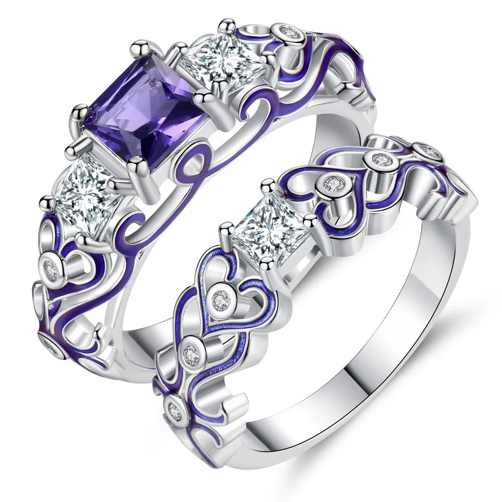 Amethyst gemstone zircon diamond Rings set for women purple crystal enamel white gold anillos mujer jewelry party fashion bijoux240t