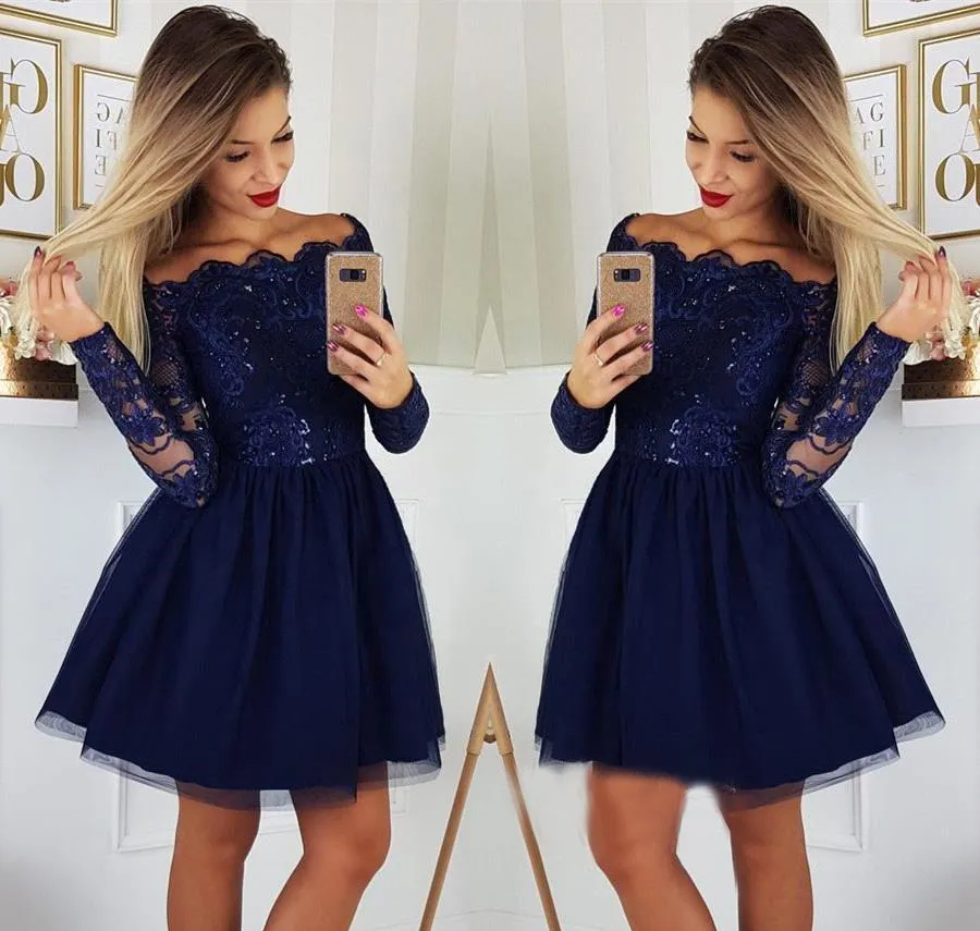 Navy Blue Long Sleeves Homecoming Dresses 2019 A Line Applique Juniors Sweet 15 Graduation Cocktail Party Gowns Plus Size Custom Made