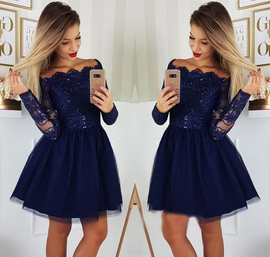 Abiti da ritorno a casa a maniche lunghe blu navy 2019 A Line Applique Juniors Sweet 15 Abiti da cocktail party di laurea Plus Size Custom Made