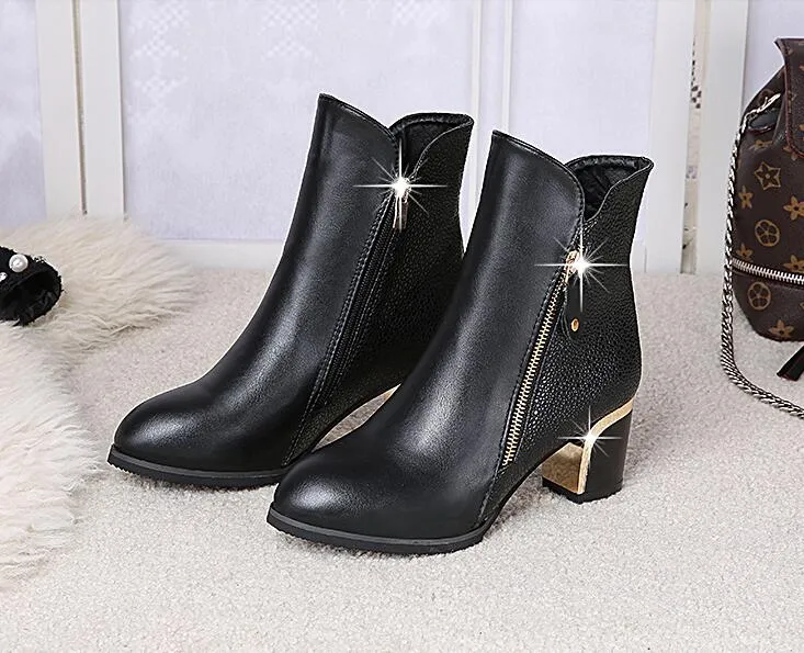 Hot Sale-Leather boots women autumn shoes new zipper bling wedges ladies ankle boots work safety solid red/black boots size 34-42