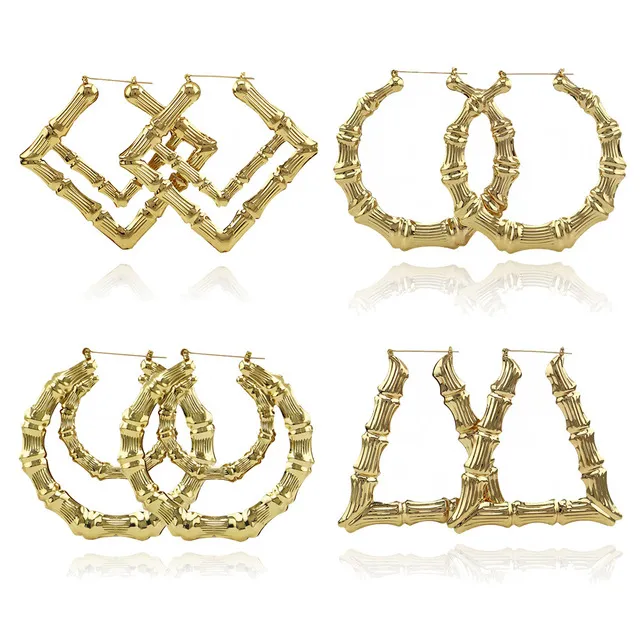 2019 Luxury Jewelry Multiple Shapes Ethnic Large Vintage Gold Plated Bamboo Hoop Earrings for Women 9 Modes free choice