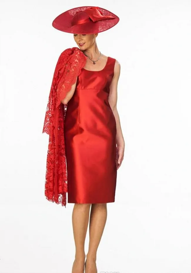 Sheath Red MMother Of The Bride Suits Two Pieces With Long Lace