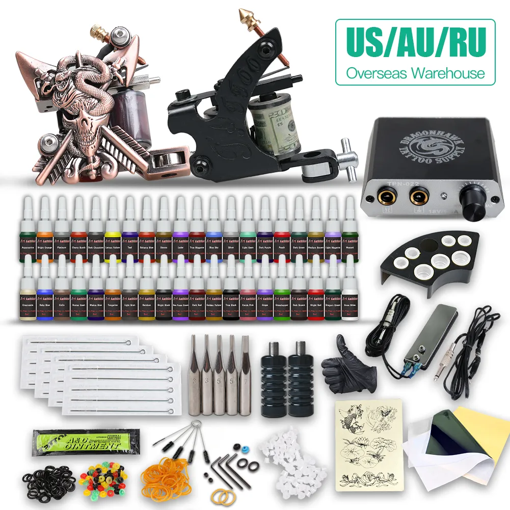 Dragonhawk Tattoo Kit 2 machinegeweren 40 kleuren inkten voeding naalden HW-10GD