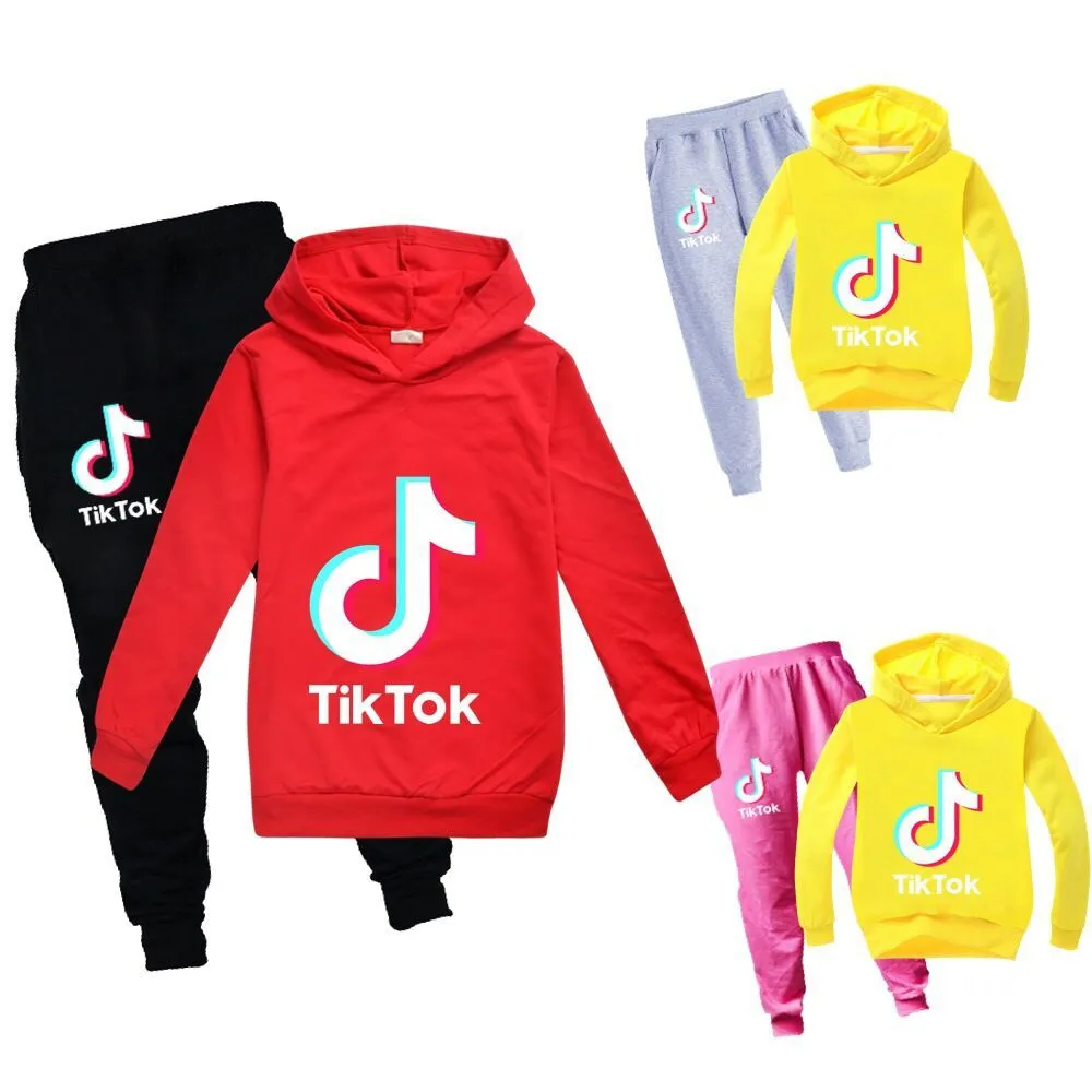 Tiktok Kids Set Långärmad Pullover Hoodie Byxor Bomull Blandning Multicolor Valfria barn Kläder Sweatshirt Boy / Girl Clothing 2pcs / set