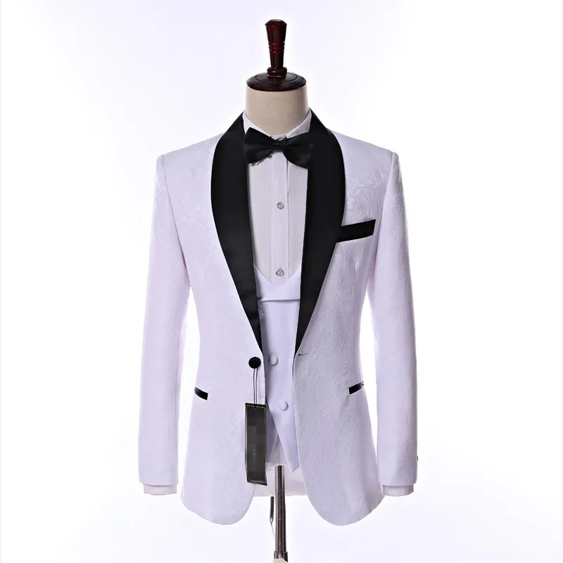 آخر تصميم جانبي تنفيس واحد زر الأبيض بايسلي العريس Tuxedos Shall Lapel العريس Mens الزفاف بدلات الحزب (سترة + سروال + سترة + ربطة عنق)K16