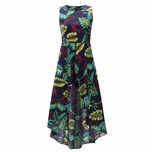 Kvinnors ärmlös Scoop Neck Floral Print Rayon Split Maxi Dress Casual Fashion Hi-Low Summer Romper Jumpsuit2701