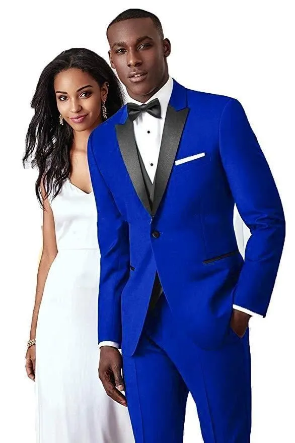 Fashion Royal Blue Groom Tuxedos Peak Lapel Groomsmen Mens Wedding Dress Excellent Man Jacket Blazer 3Piece Suit(Jacket+Pants+Vest+Tie) 1882