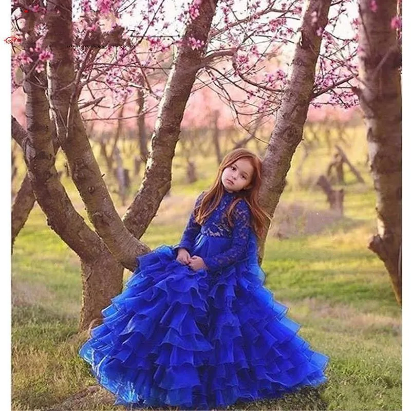 Novo concurso árabe vestidos jóia pescoço azul royal pilhas de pavilhas renda aplique mangas compridas crianças flores vestidos de aniversário vestidos de aniversário 403