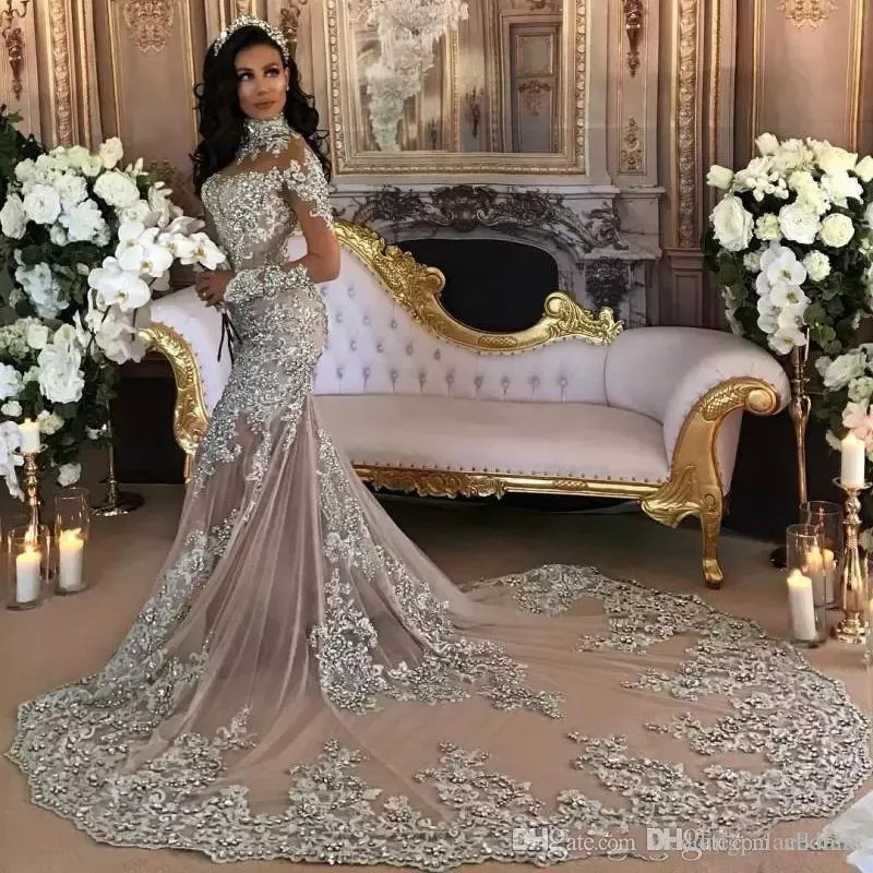 Dubai Arabic Elegant Silver Mermaid Wedding Dresses High Collar Long Sleeves Beaded Crystals Wedding Dress Lace Appliques Bridal Gowns