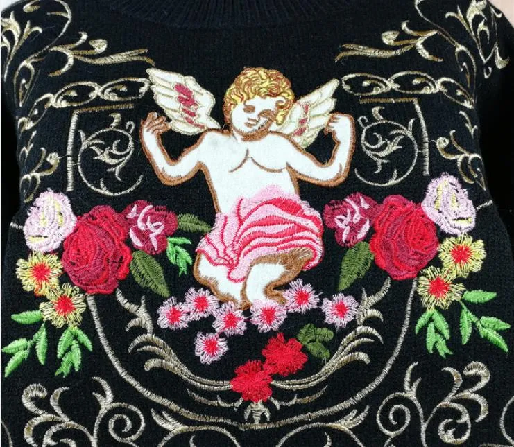 Fashion-Black Angel Flowers Embroidery Women's Sweaters Winter Luxury Designer Fashion Pullovers Women High End Sweaters 91830