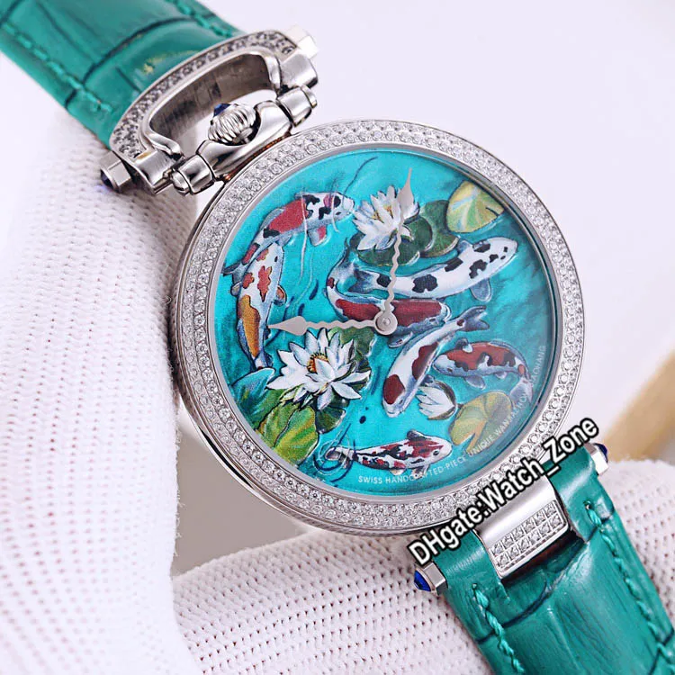 New Bovet 1822 Amadeo Fleurie 3D Koi Fish Lotus 다이얼 스위스 쿼츠 망 여성 유니섹스 시계 강철 다이아몬드 베젤 그린 가죽 시계 _Zone E15