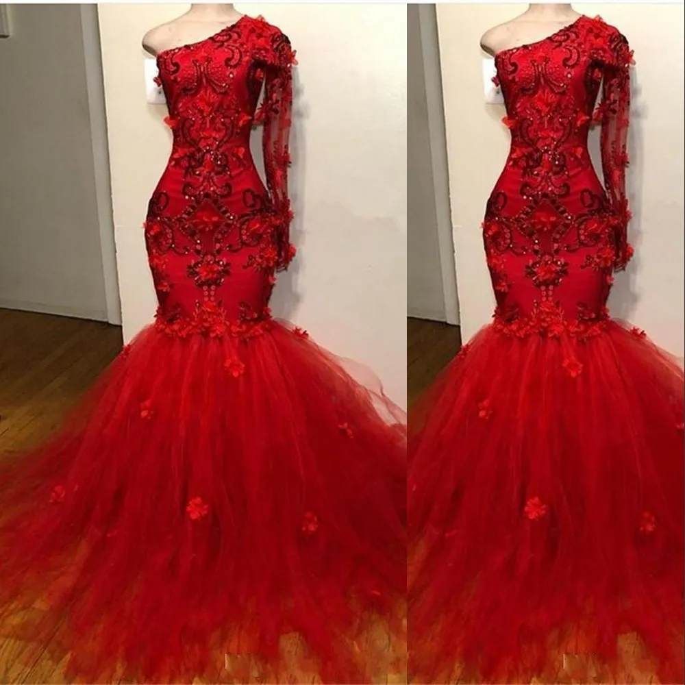 New Dark Red Long Sleeve Prom Dresses Mermaid One Shoulder Illusion Lace Appliques Flowers Crystal Beading Formal Evening Gowns Party Dress 403