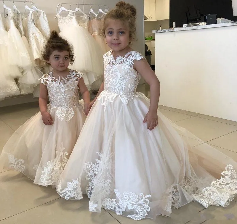 flower girl dress for less champagne gold page Champagne Flower Girl Gown with Long Sleeves, Pearls, Lace Appliques, and Princess Puffy Princess skirt