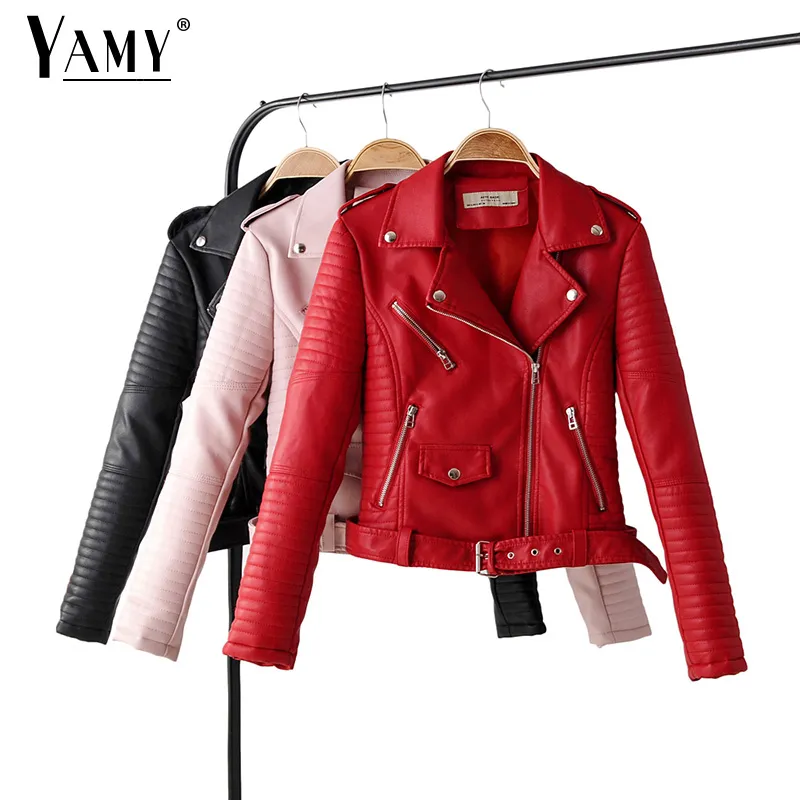 Red leather jacket women long sleeve zipper pink biker jacket modis black coat streetwear korean womens clothes fall 2019