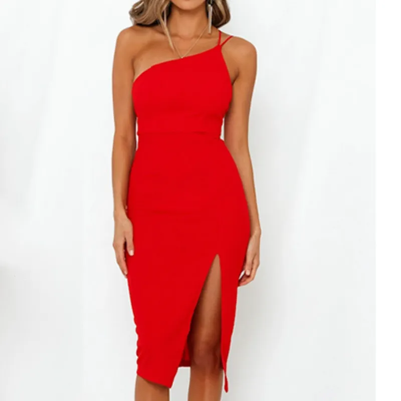 Evening Party Dress Vestidos Kvinnor Backless One Shoulder Split Bodycon Strap Jul Röda Klänningar 2019 Nya Arrivarls