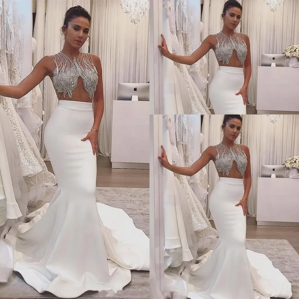 2021 Sexiga Arabiska Mermaid Bröllopsklänningar Formella Bröllopklänningar Juvel Neck Illusion Sheer Ärmlös Kristall Beaded Backless Long Sweep Train Plus Storlek