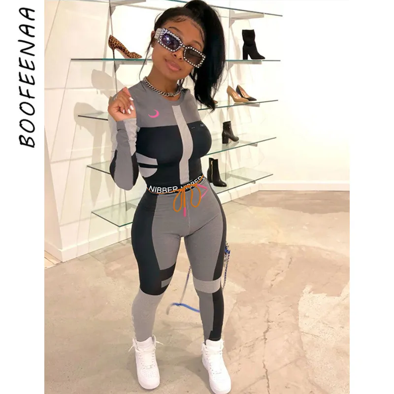 Boofeenaa Fall Winter Sexig trackdräkt Kvinnor Två stycken kläder Sports Fiess High midje Leggings Matchande uppsättningar Sweatsuit C AD