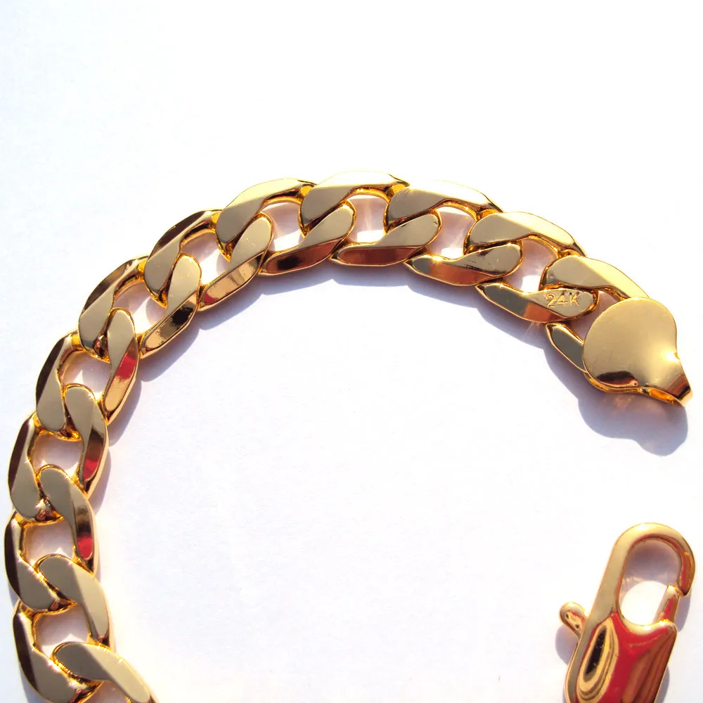 Bransoletka 12 mm Solid Gold Wykończenie drobna wysokiej jakości męska kubańska krawężnik łańcuchowy obróbka ręczna 24 K272M5100939