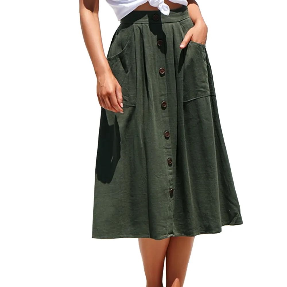 夏のAラインスカートファッションカジュアルな女性の純粋なカラースカートハイウエストのシングルブレストボタンMidiスカートポケット