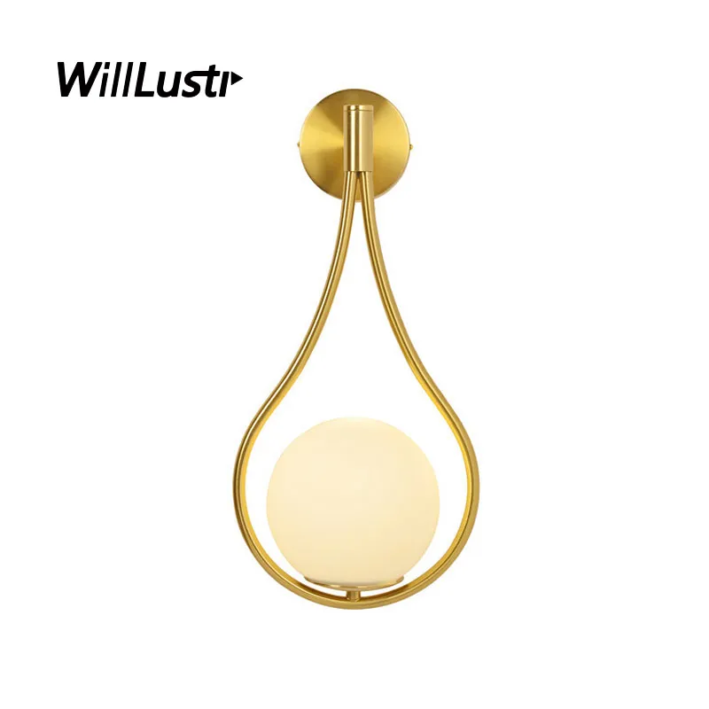 Redonda Global de vidro Lâmpada de parede luxo metal Sconce Salão Foyer Aisle Stair Hotel Bar Cafe cabeceira Milk White Light Vidro Globo