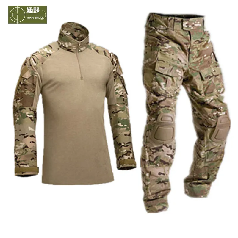 Hanwild Men Tactical Uniform Shirt Army Combat Hunting Pants with Kne Pads Camouflage Training Clothes S19