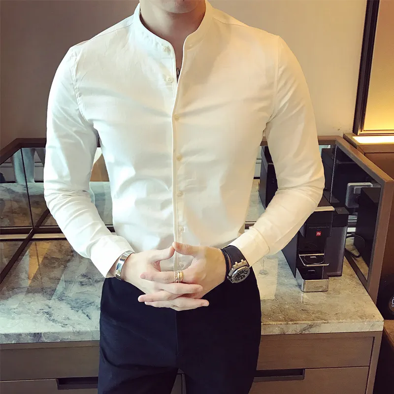 Camicia da uomo tinta unita slim fit manica lunga camicia elegante bianca da lavoro colletto alla coreana casual sociale uomo smoking nero236T