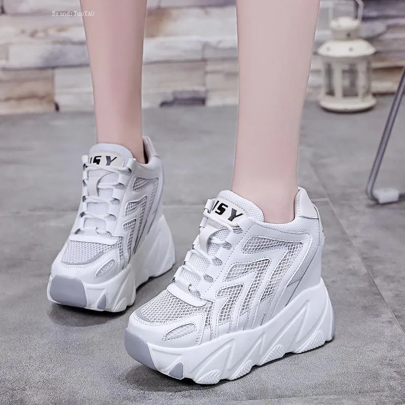 Hot Sale-Women Shoes 2019 Summer Breathable Mesh Shoes Women Height Increasing Pumps 10 CM Thick Sole Trainers White