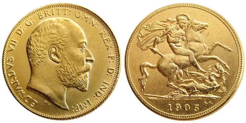 UK RARE 1905 British Coin King Edward VII 1 Sovereign Matt 24-K guldpläterad kopia mynt Gratis frakt