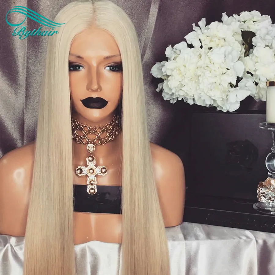 Brasilianska Virgin Hair High Density Silky Straight # 60 Blond Full Lace Wig med Baby Hairs Pre Plocked Human Hair Lace Front Wigs