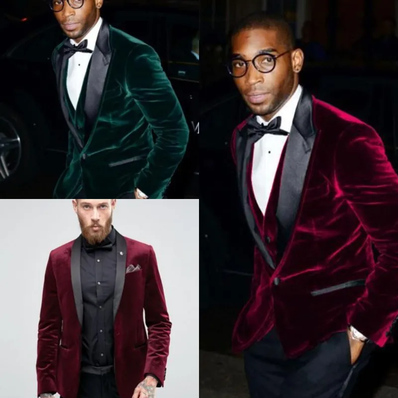 Burgundia Green Velvet Wedding Tuxedos Maroon Slim Fit Blazers Formalne Groomsmen Garnitury Czarny Szal Lapel Stroje Groom Tuxedos dla mężczyzn 2019