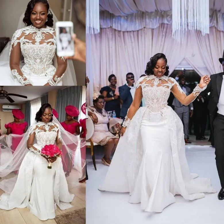 2020 Arabiska Aso Ebi Lyxiga Lace Beaded Bröllopsklänningar Långärmade plus Size Mermaid Bridal Gowns Vestidos de Novia