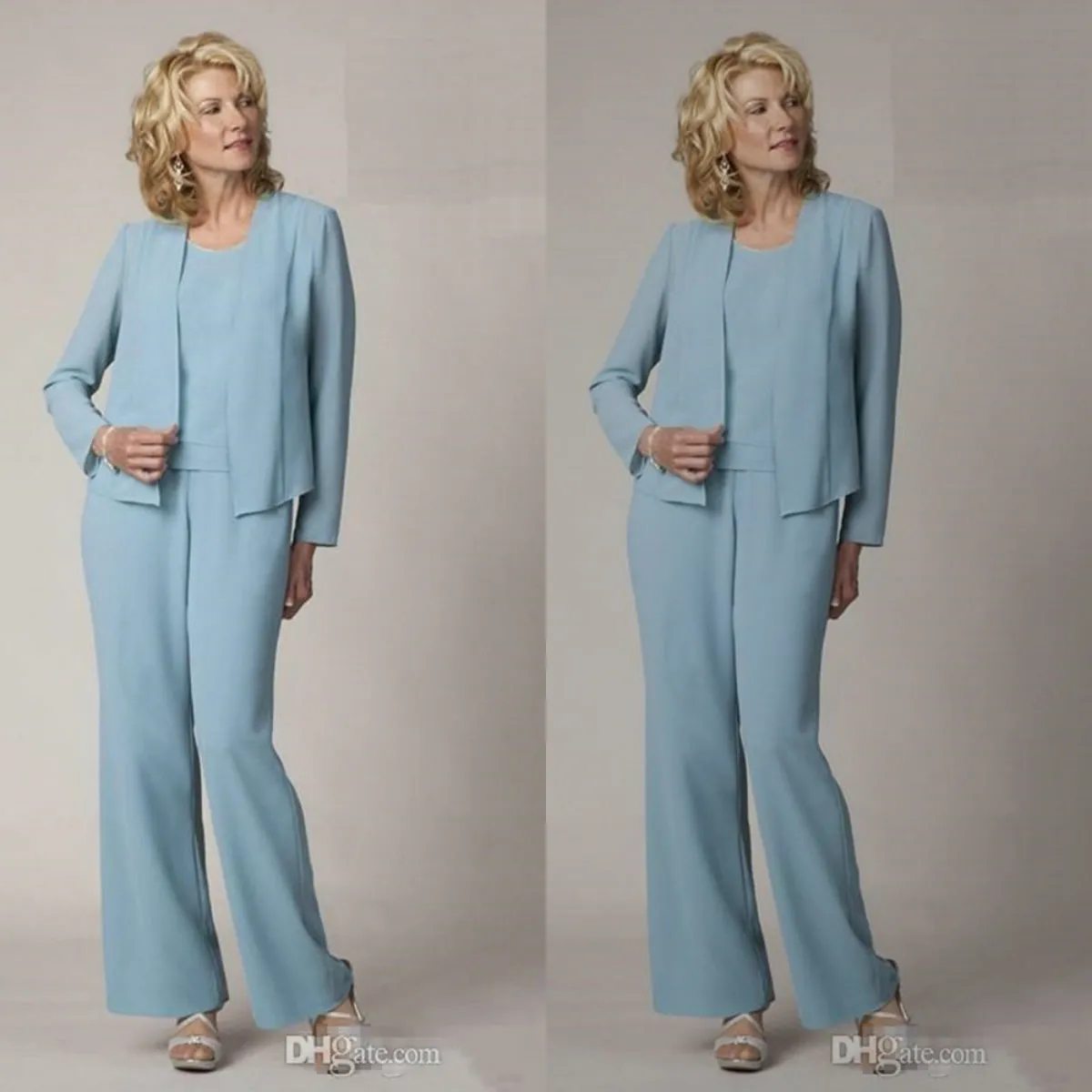 Light Blue Mother of The Bride Dresses with Jacket Long Sleeves Pant Suits A-line Chiffon Mother of the Bride Groom Gowns