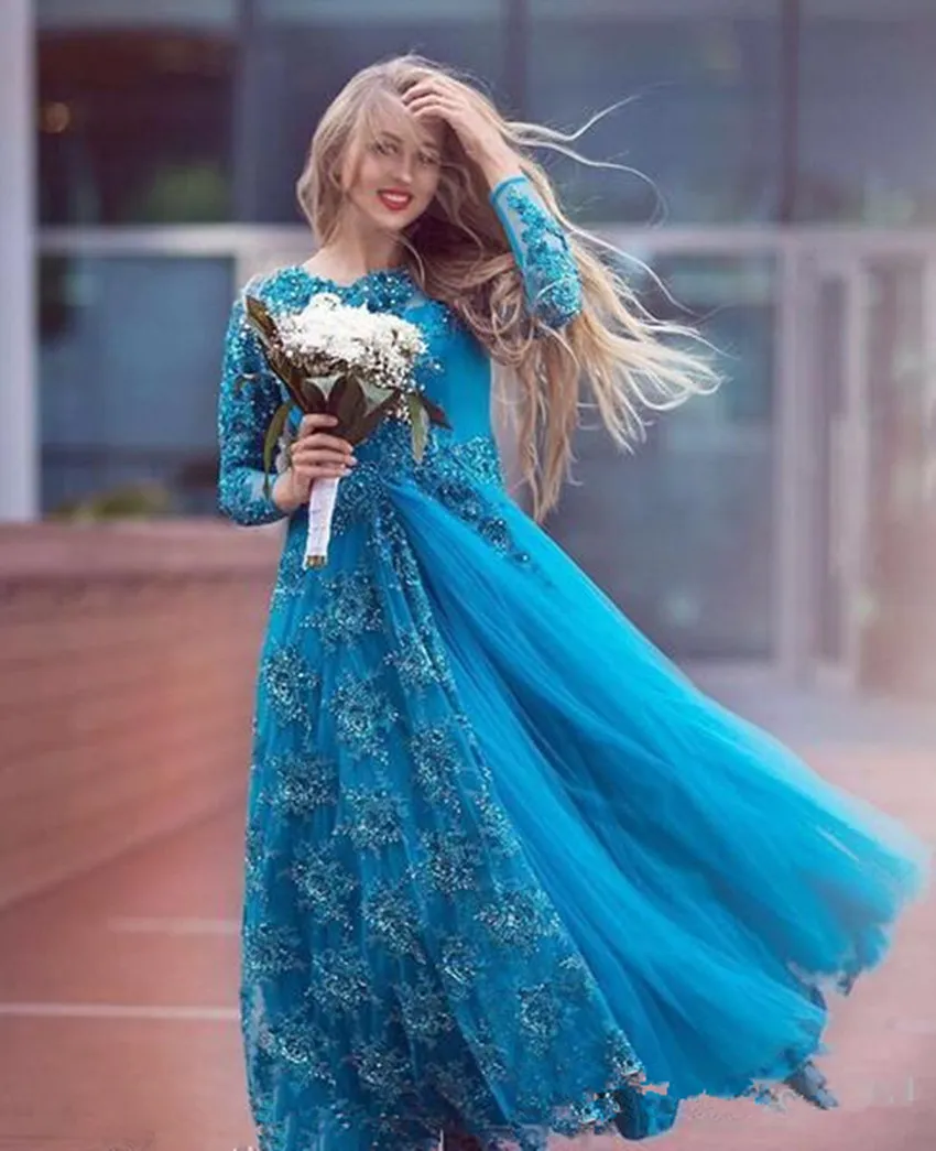 2020 Turquoise Long Sleeve Bridal Evening Dresses Sparkly Beading Tulle Lace Crew Neck Plus Size Mother of the Bride Dress Arabic Prom Gowns