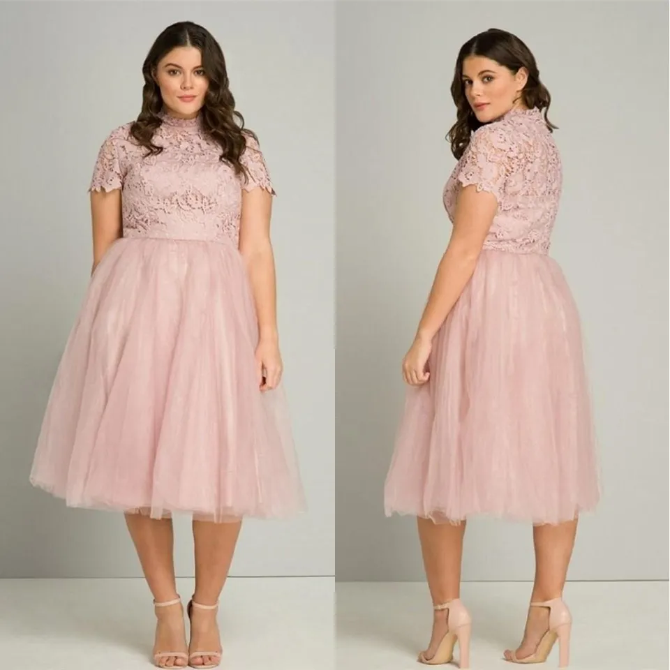 Sexy Pink Plus Size Prom Dresses High Neck Pink Lace Appliqued Formal Evening Gowns Short Sleeve Special Occasion Party Dress SD3454