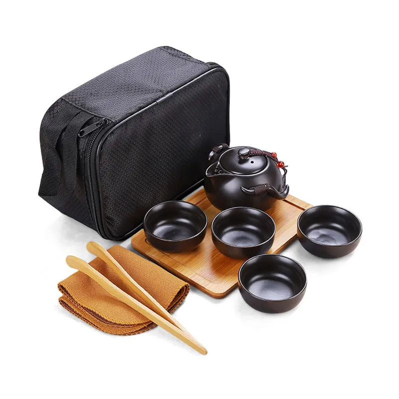 Portable Travel Kung Fu Teaware Set with Handmade Ceramic Teapot Teacups Bamboo Tray Organize Bag Traditional Chinese Tea Ceremony