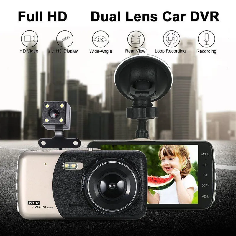 Full HD 1080P Car gravador de DVD digital Video camera data dashcam frontal traseira 2CH super night vision G-sensor 3.7" monitor de estacionamento