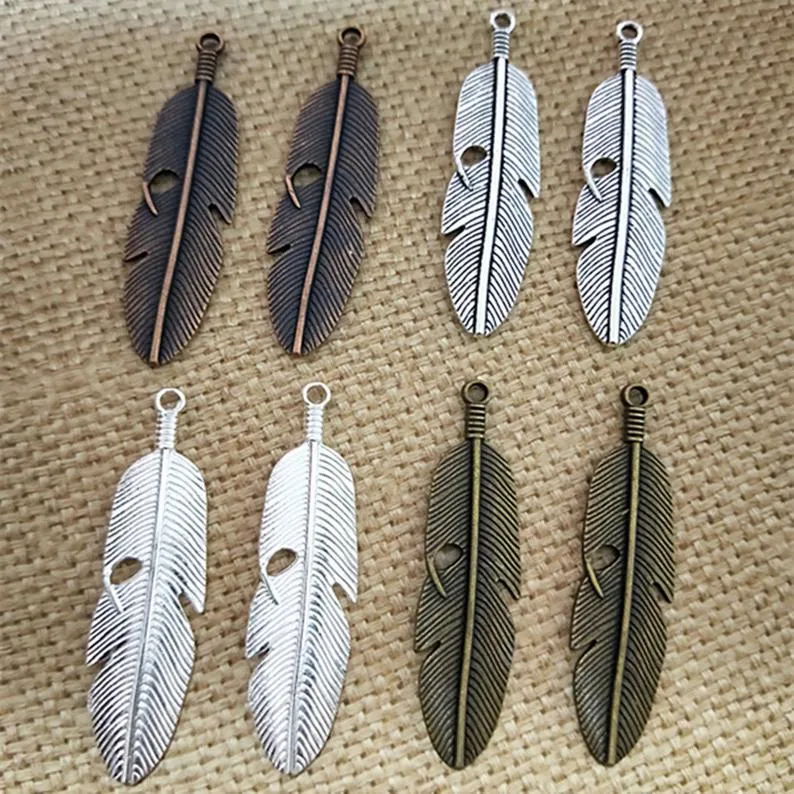 Fashion Feather Pendant Halsband Antik Brons / Koppar Röd / Silver Tone / Antik Silver Feather DIY Charm 15x61mm 40PCS / Lot