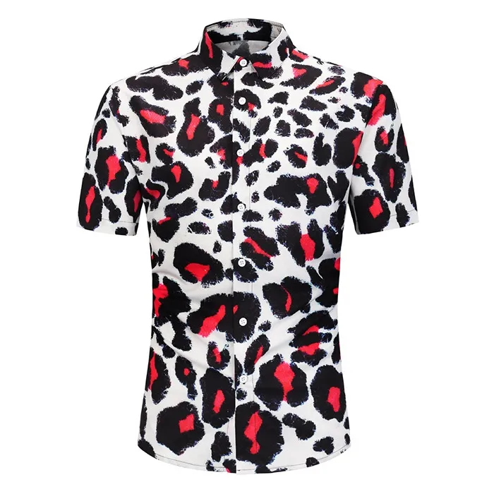 Red Lopard Print Shirts for Men Summer Fashion krótkie koszulki z krótkim rękawem oddychane szczupłe koszulę M-2xl