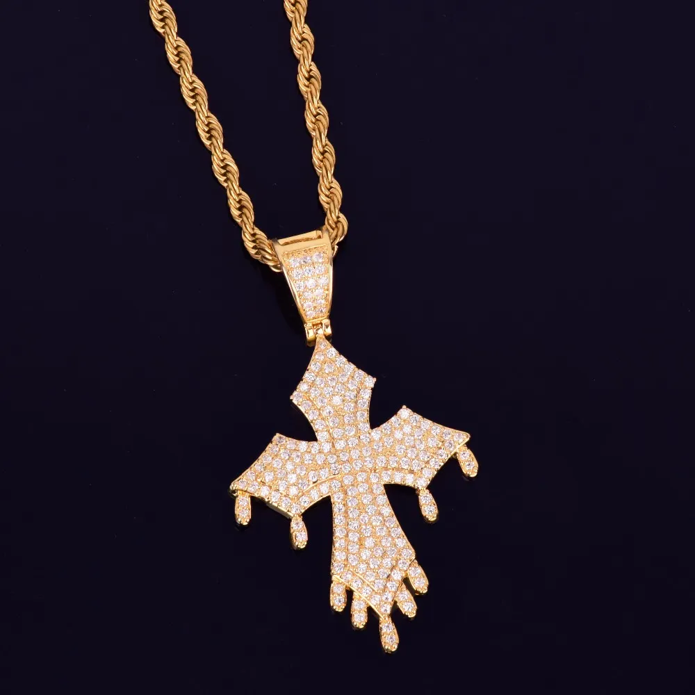 New Men's Drip Cross Pendant Necklace Ice Out CZ Stones Gold Rock Street Hip Hop Jewelry