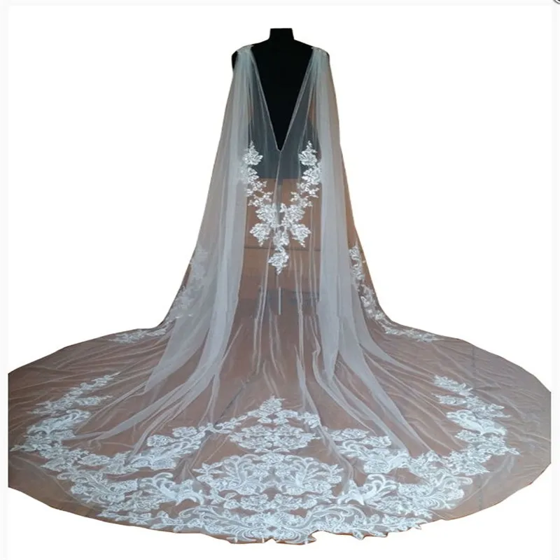 2018 Mantello da sposa con scialle da sposa Mantello Bolero Giacca di pizzo Avvolge Bianco Avorio Coprispalle Cattedrale Treno 3M Velo lungo319F