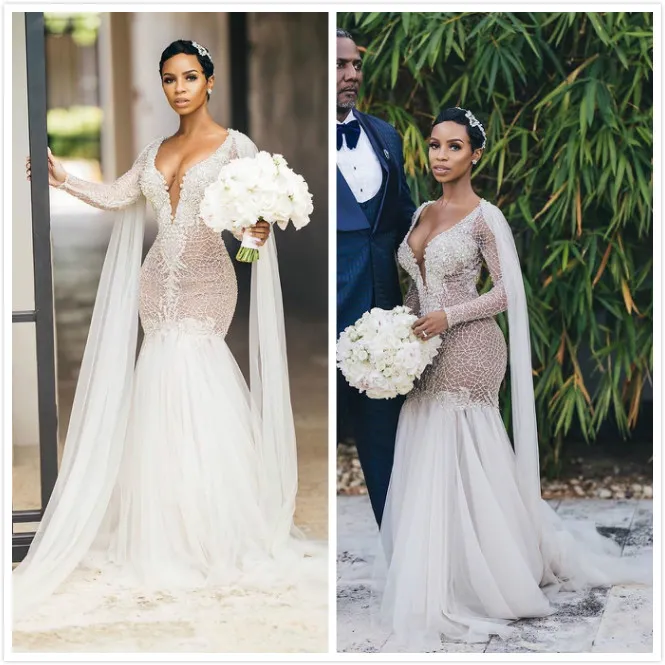 2020 Arabiska Aso Ebi Sexiga Lyxiga Lace Bröllopsklänningar Beaded Crystals Bridal Klänningar Mermaid Bröllopsklänningar ZJ222