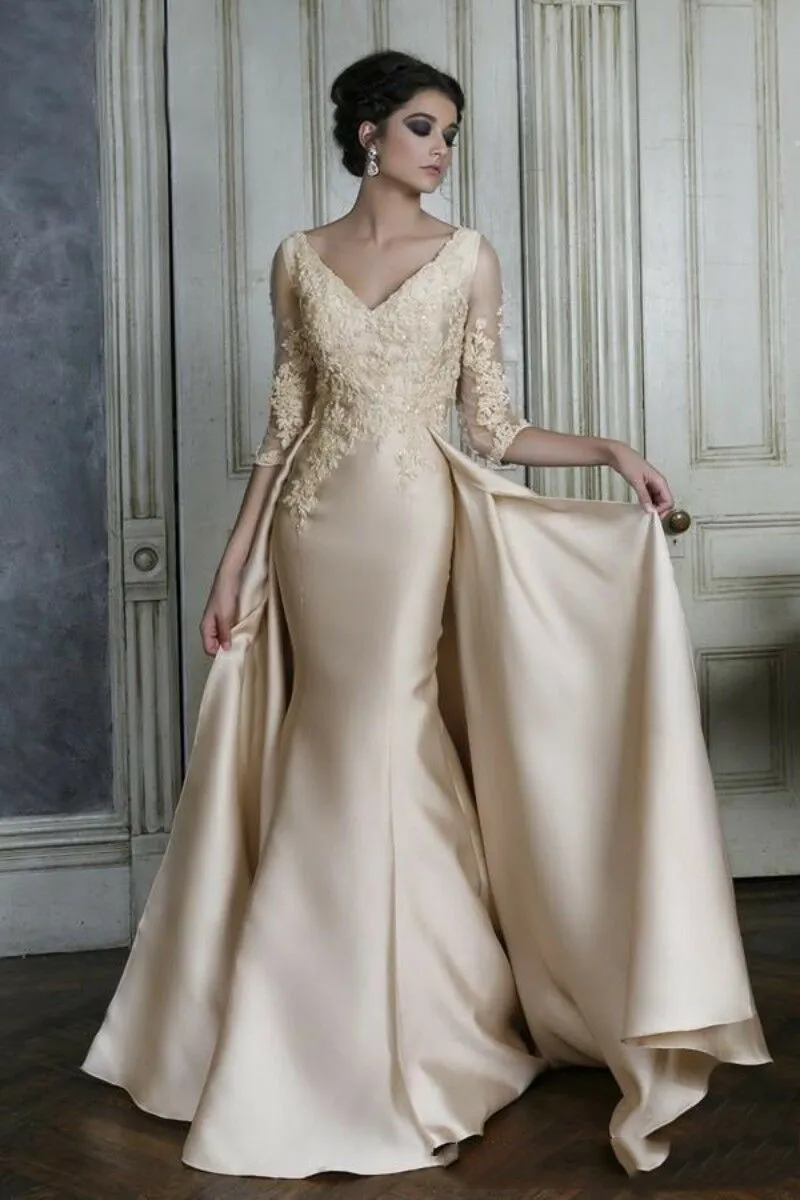 Mother of the Groom Formal Gown Champagne V-Neck Back Zipper Lace Satin  Dress with 3/4 Sleeve from Dhgate Mother's Dresses - price 120.21
