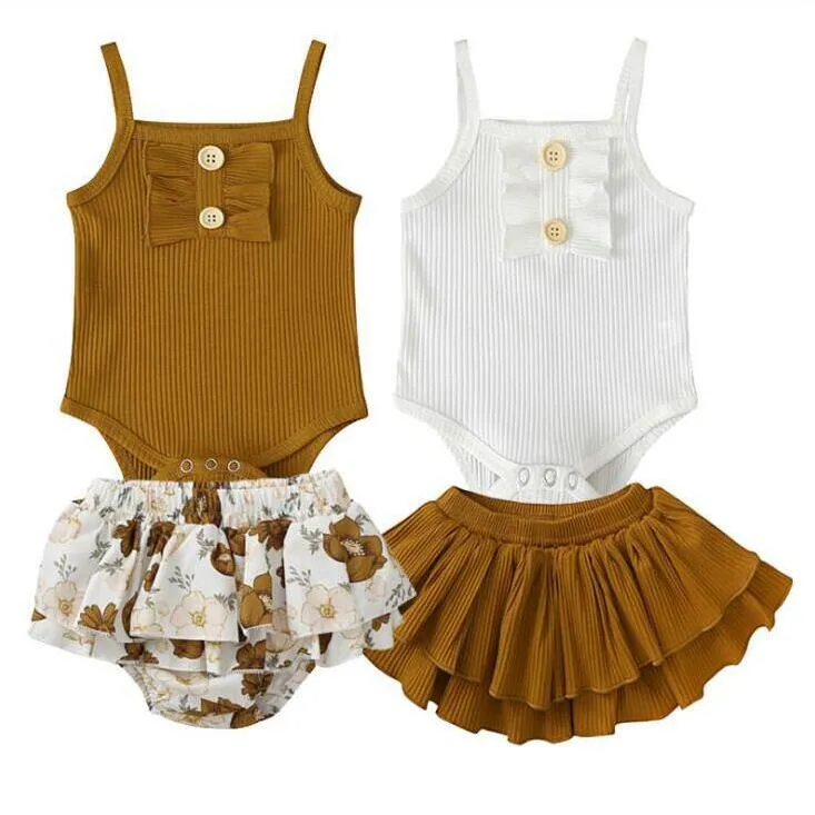 Bébé Filles Vêtements Ensembles Enfants Jarretelles Barboteuses Falbala Imprimé Jupes Costumes Toddler Bow Bouton Tenues Combishort Ensemble De Vêtements AYP447